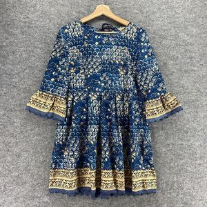 Anouk Dress Women S Small Blue Geometric Shift Short Cotton Tasseled Long Sleeve
